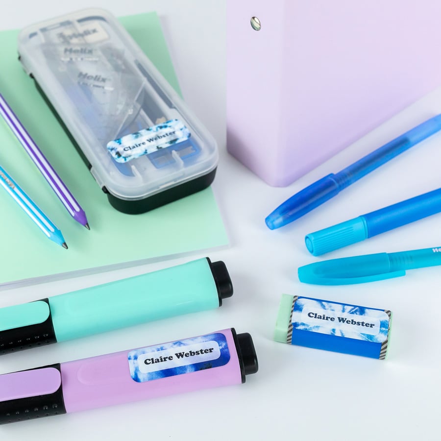 Blue Tie Dye Name Label Pack on stationary