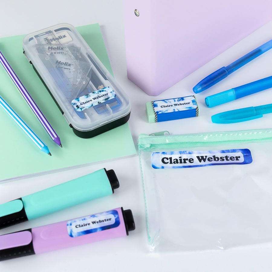 Blue Tie Dye Name Label Pack on stationary