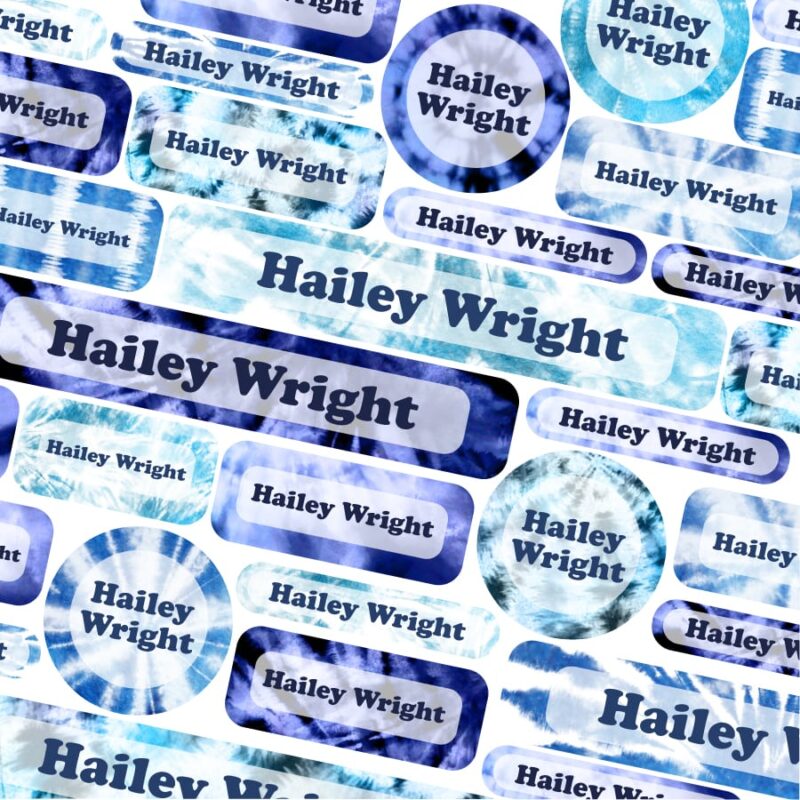 Blue Tie Dye school name labels