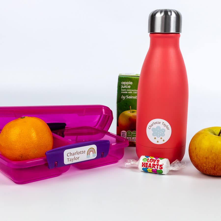 Stars and Rainbows Name Label Pack on lunch box and bottle