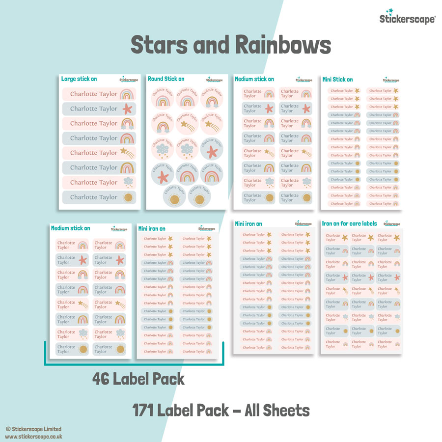 Stars and Rainbows school name labels mixed name label pack