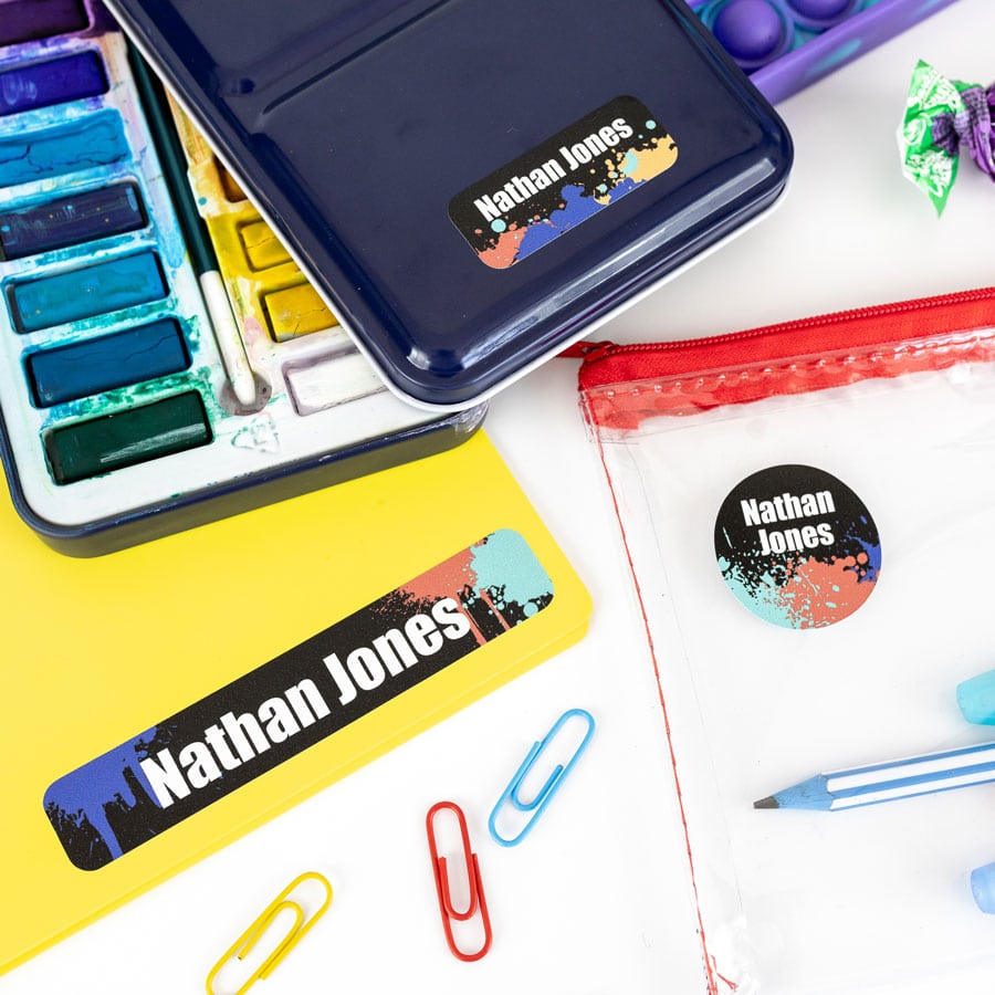 Paint splatter name labels on stationary