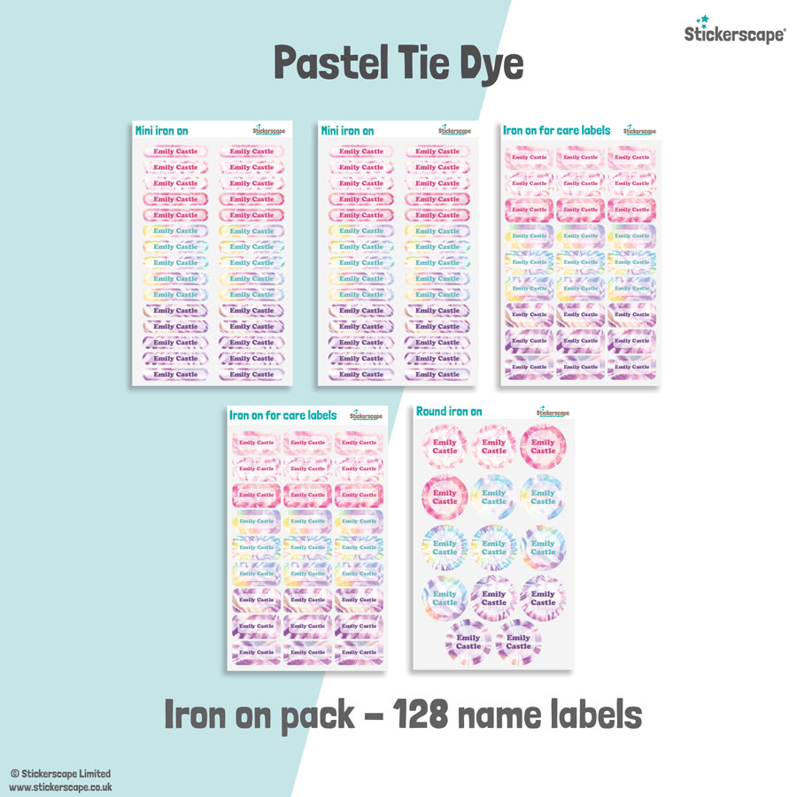 Pastel Tie Dye school name labels iron on pack