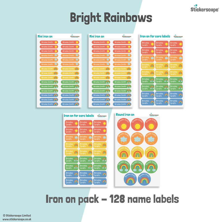 Bright Rainbows school name labels iron on pack