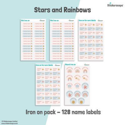 Stars and Rainbows school name labels iron on pack