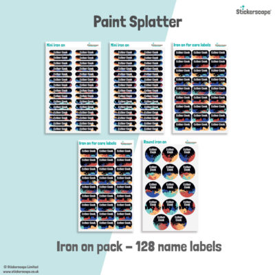 Paint Splatter school name labels iron on pack