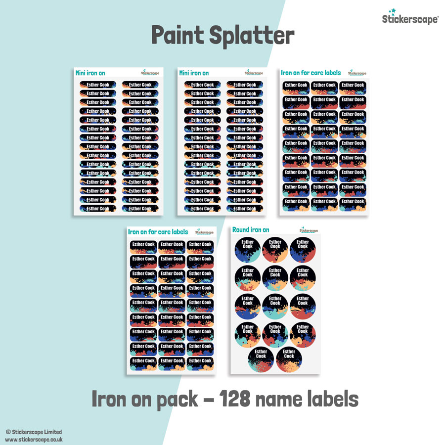 Paint Splatter school name labels iron on pack
