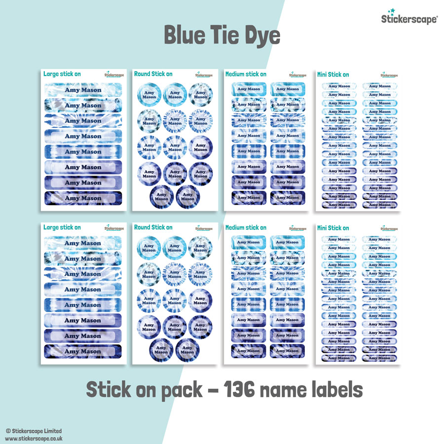 Blue Tie Dye school name labels stick on name label pack