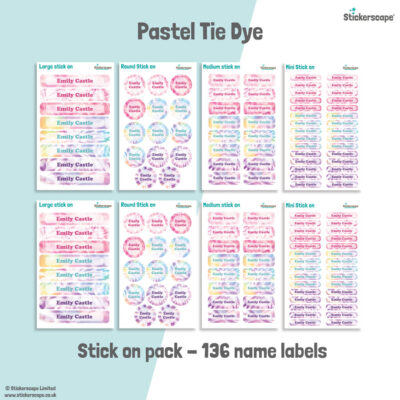 Pastel Tie Dye school name labels stick on name label pack