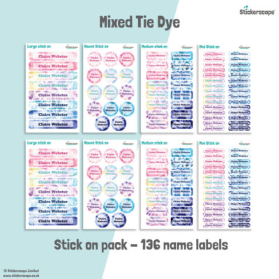 Mixed Tie Dye school name labels stick on name label pack