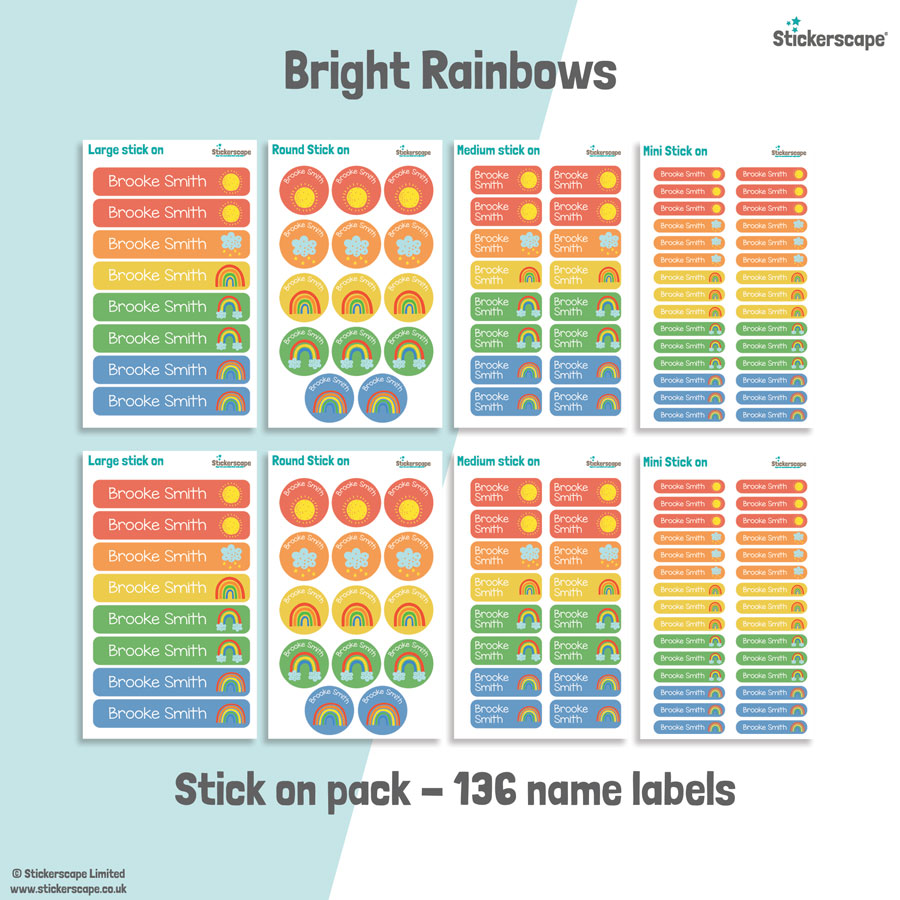 Bright Rainbows school name labels stick on name label pack