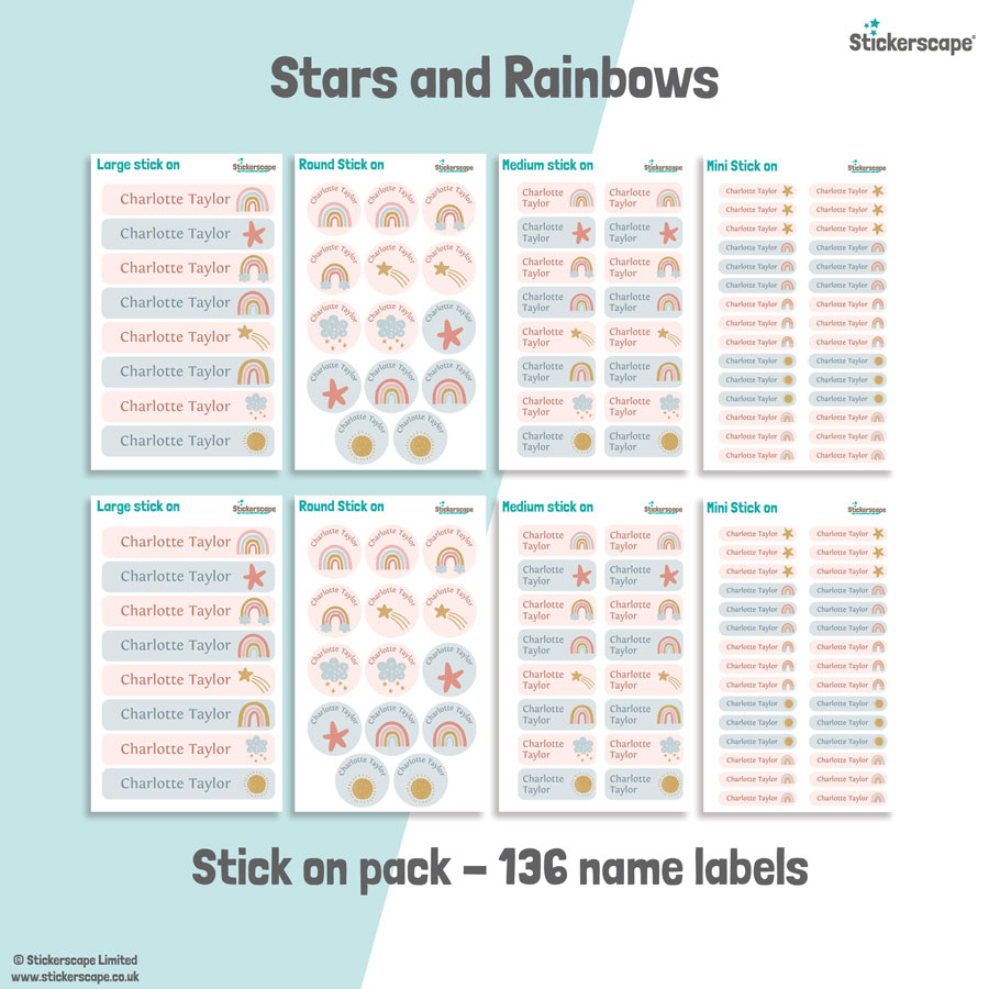Stars and Rainbows school name labels stick on name label pack