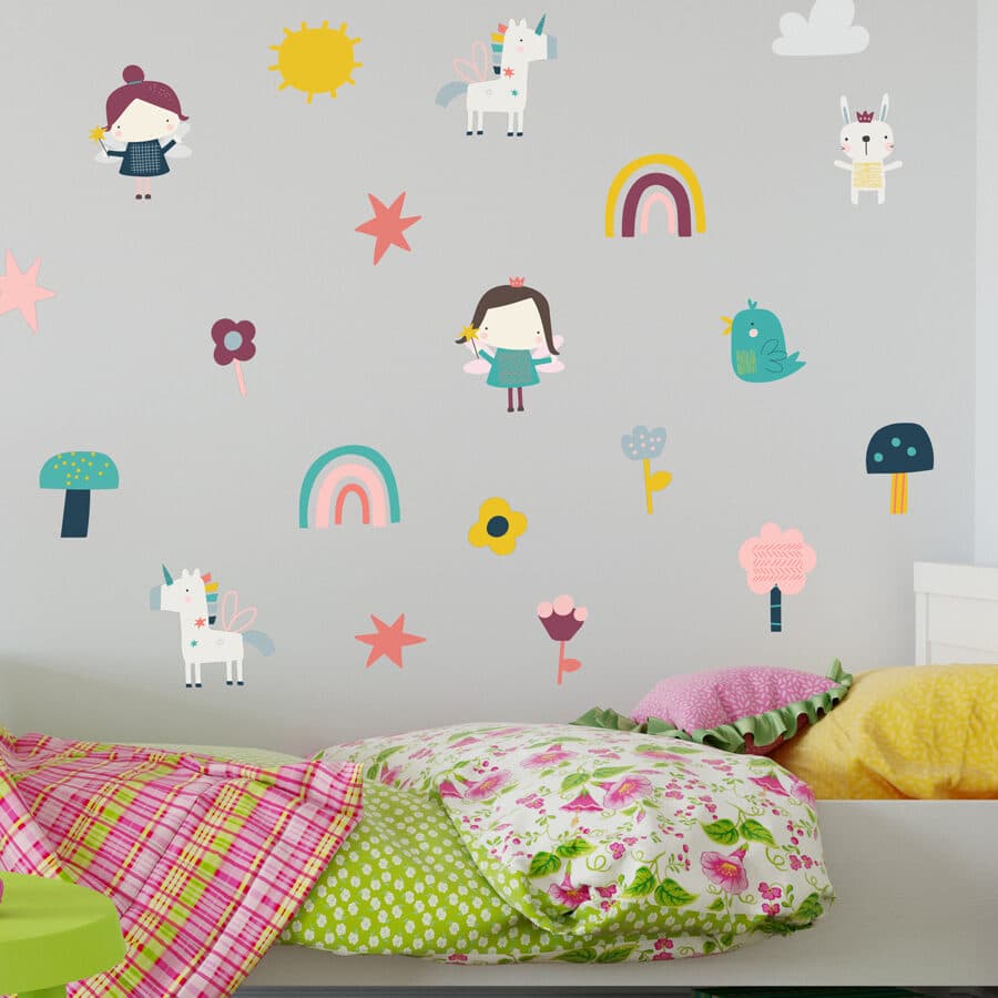 fairy fun stickaround pack, stickers on a grey wall above a bed