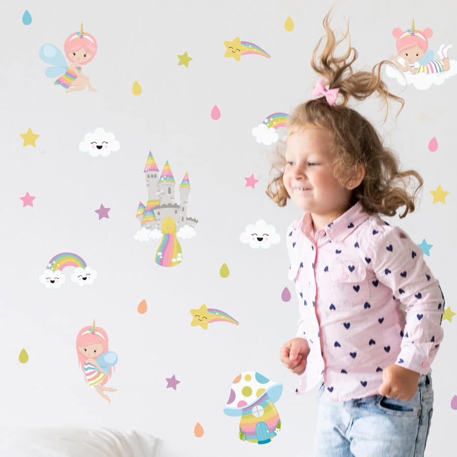 unicorn fairies stickaround pack, stickers shown on a white wall with a young girl