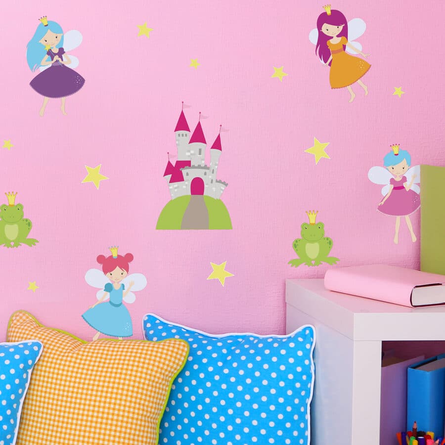 princess fairies stickaround pack, stickers shown on a pink wall