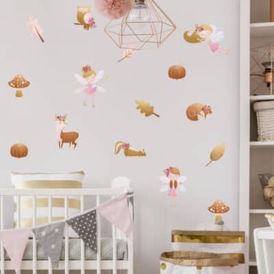 enchanted forest stickaround pack, stickers shown in a nursery on a white wall