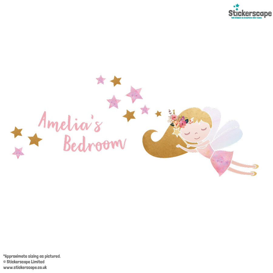 personalised fairy wall sticker, stickers shown on a wall in a bedroom