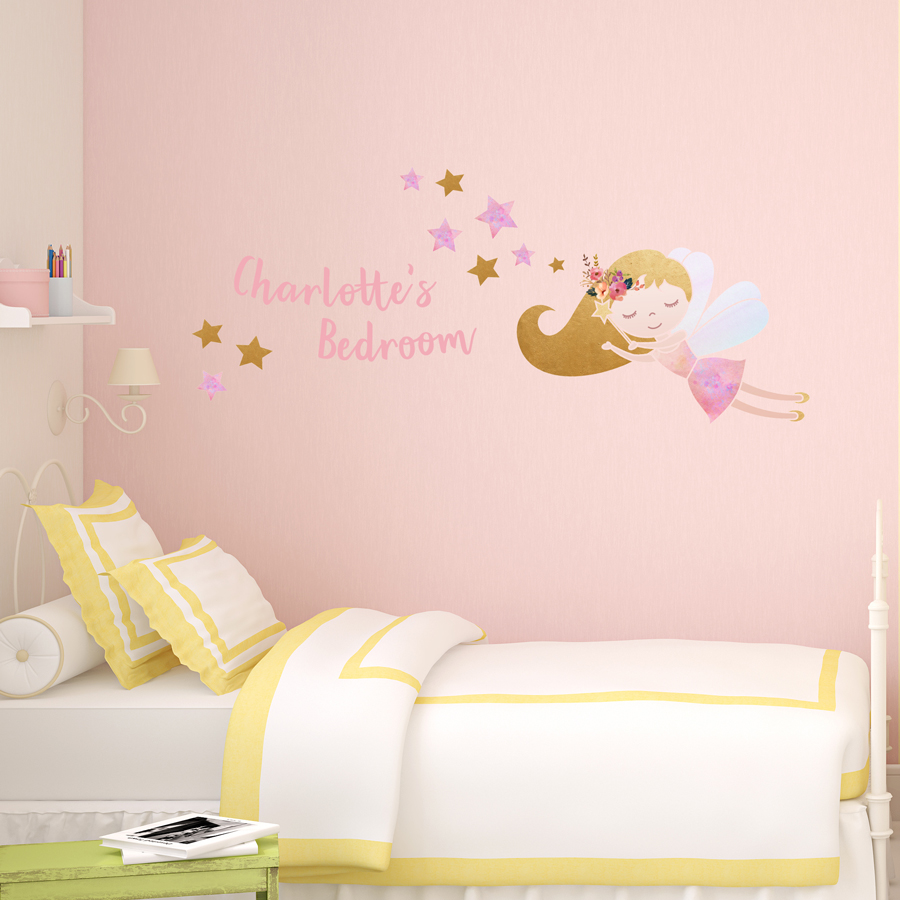 personalised fairy wall sticker, stickers shown on a wall in a bedroom