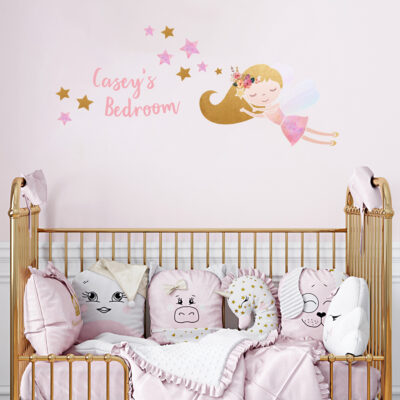 personalised fairy wall sticker, stickers shown on a wall in a bedroom