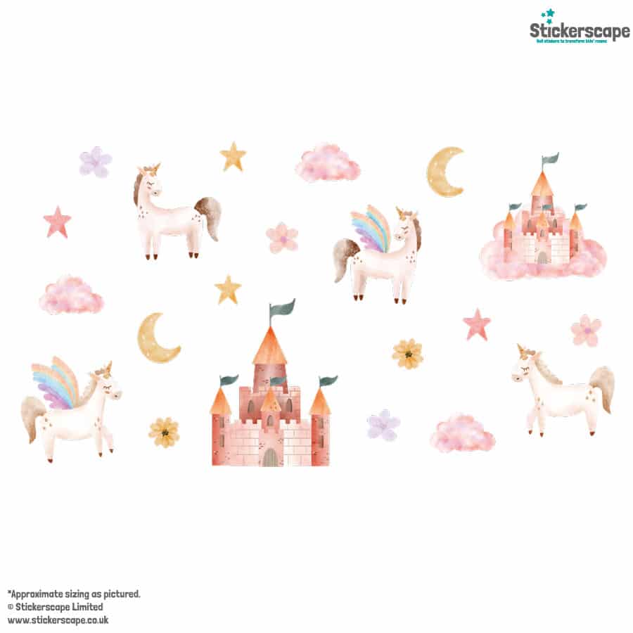 watercolour unicorn stickaround pack, stickers shown on a white background