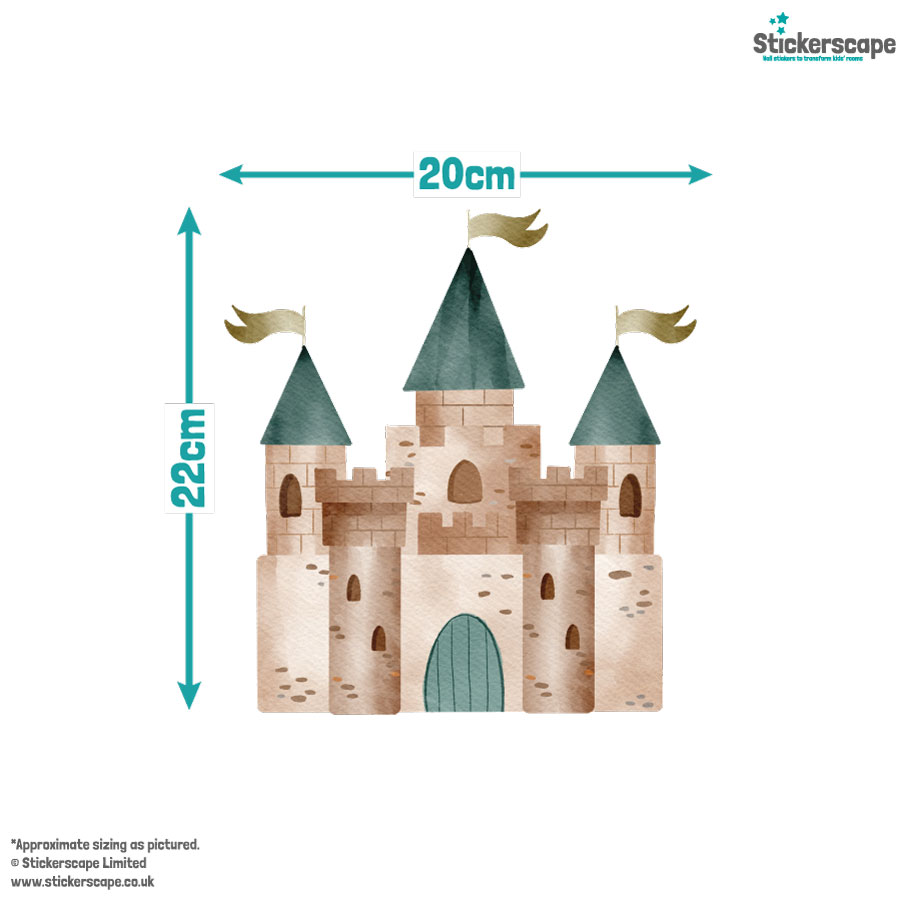 watercolour dragon stickaround pack, sticker measurements of a castle shown on a white background