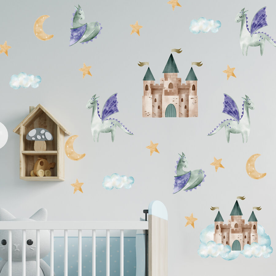 watercolour dragon stickaround pack, sticker measurements of a castle shown in a nursery