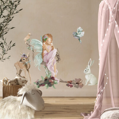 fairy animal scene wall sticker, stickers shown on a wall in a bedroom