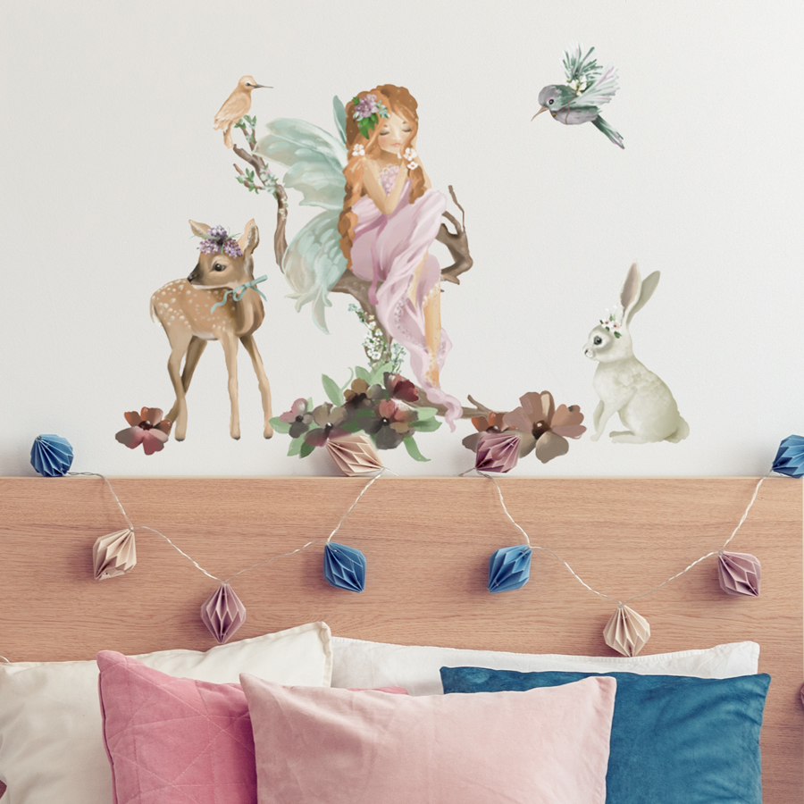 fairy animal scene wall sticker, stickers shown on a wall in a bedroom