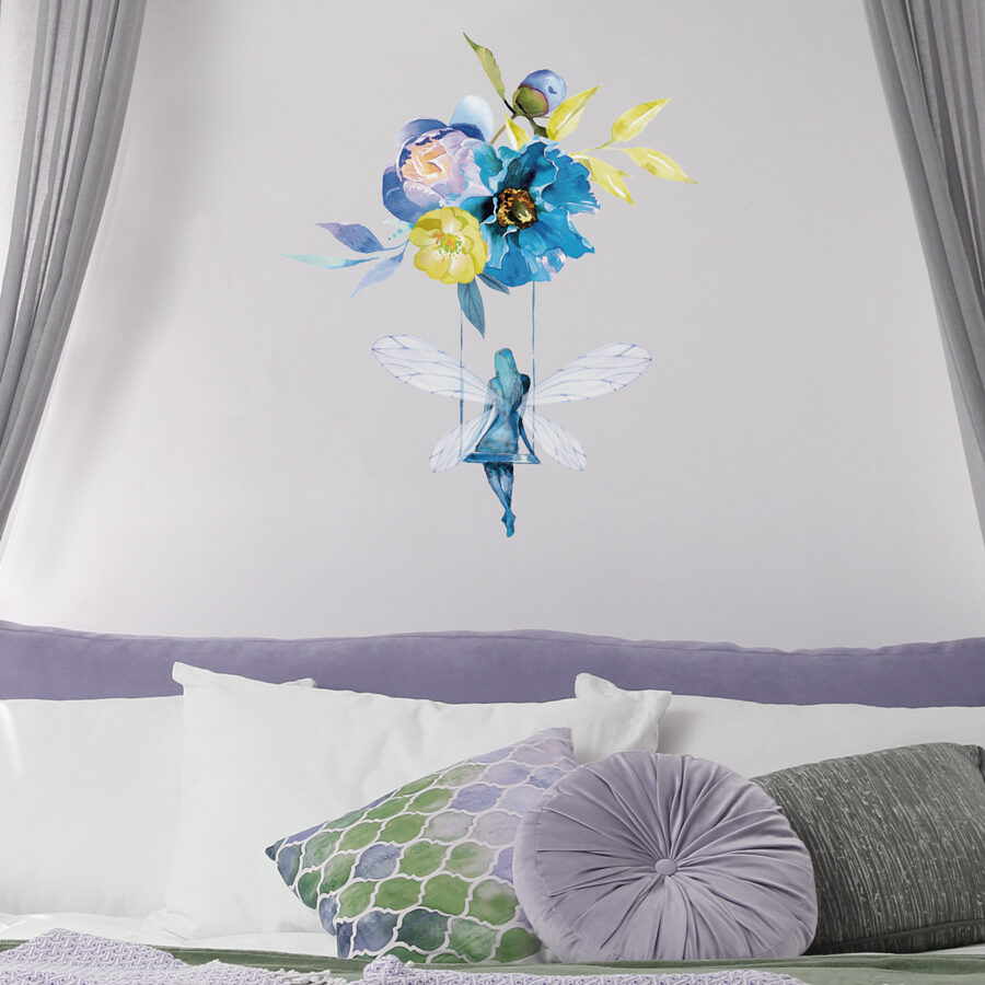 fairy flower swing wall sticker, stickers shown on a white bedroom wall