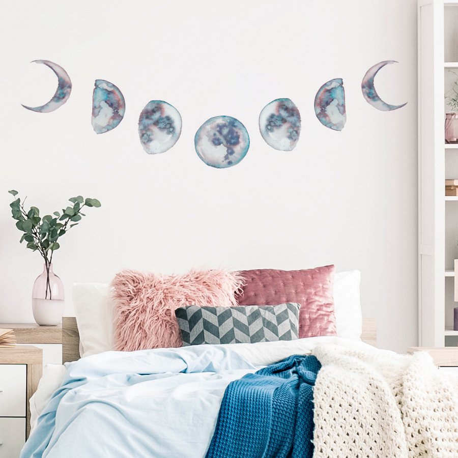 moon phases wall sticker, stickers shown on a white bedroom wall