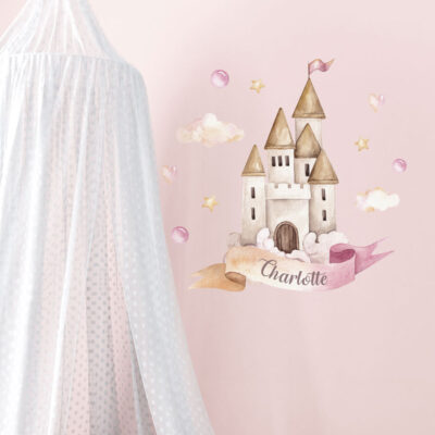 Personalised fairy princess castle wall sticker on a pink nursery wall