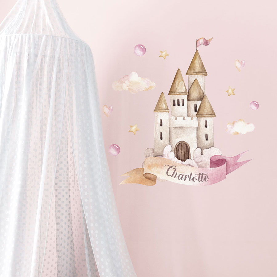 Personalised fairy princess castle wall sticker on a pink nursery wall