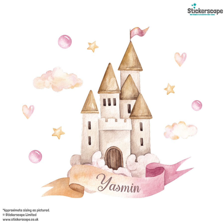 Personalised fairy princess castle wall sticker on a white background