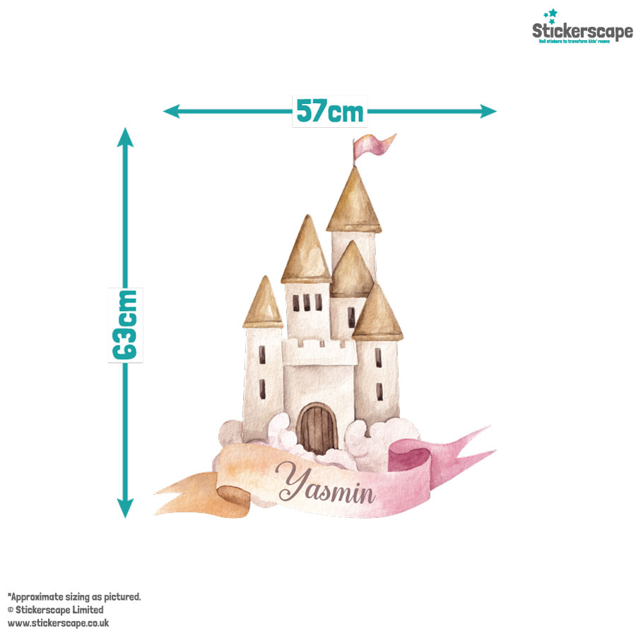 Personalised fairy princess castle wall sticker on a white background