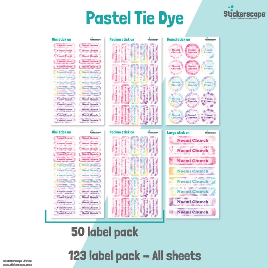 Pastel Tie Dye Name Label Pack stickers included