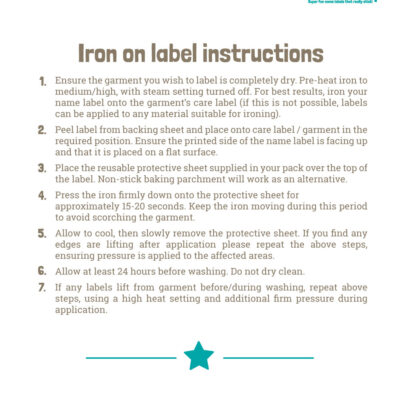 Care instructions for iron on and stick on name labels