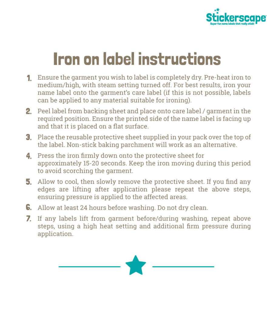 Care instructions for iron on and stick on name labels