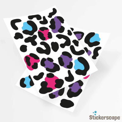 Colourful leopard print wall stickers in black and neon shown as sheet layout