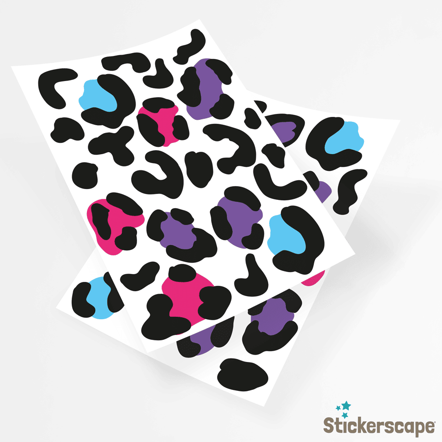 Colourful leopard print wall stickers in black and neon shown as sheet layout
