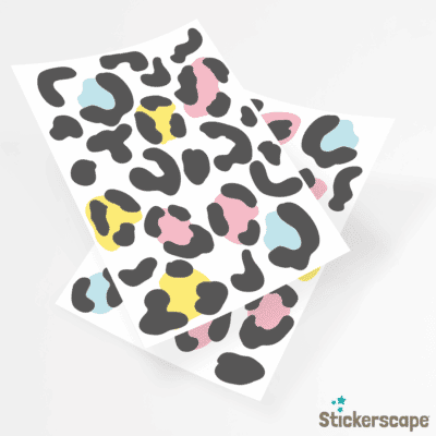Colourful leopard print wall stickers in black and pastels shown as sheet layout