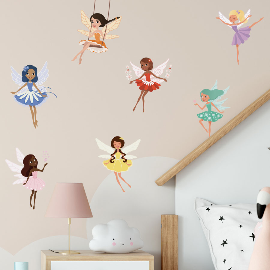 colourful fairies wall sticker, stickers shown on a white background