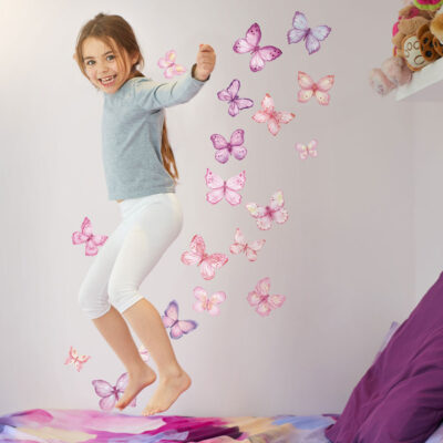 pink butterflies wall sticker, stickers shown on a white background