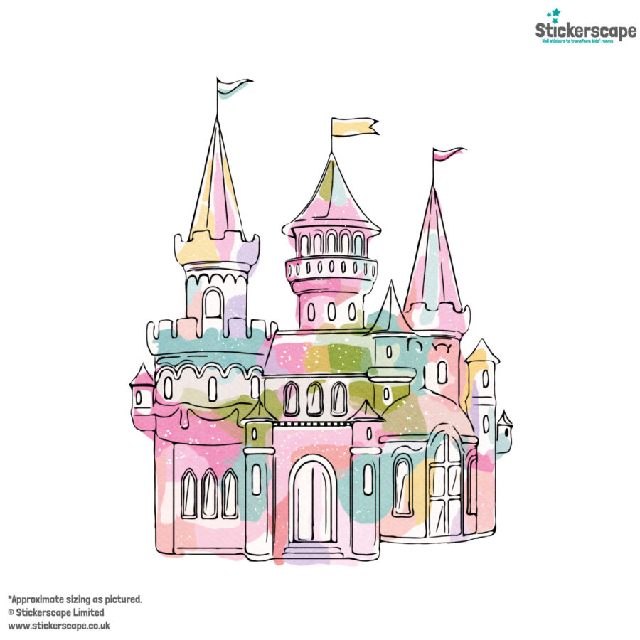 watercolour fairy castle wall sticker, stickers shown on a white background