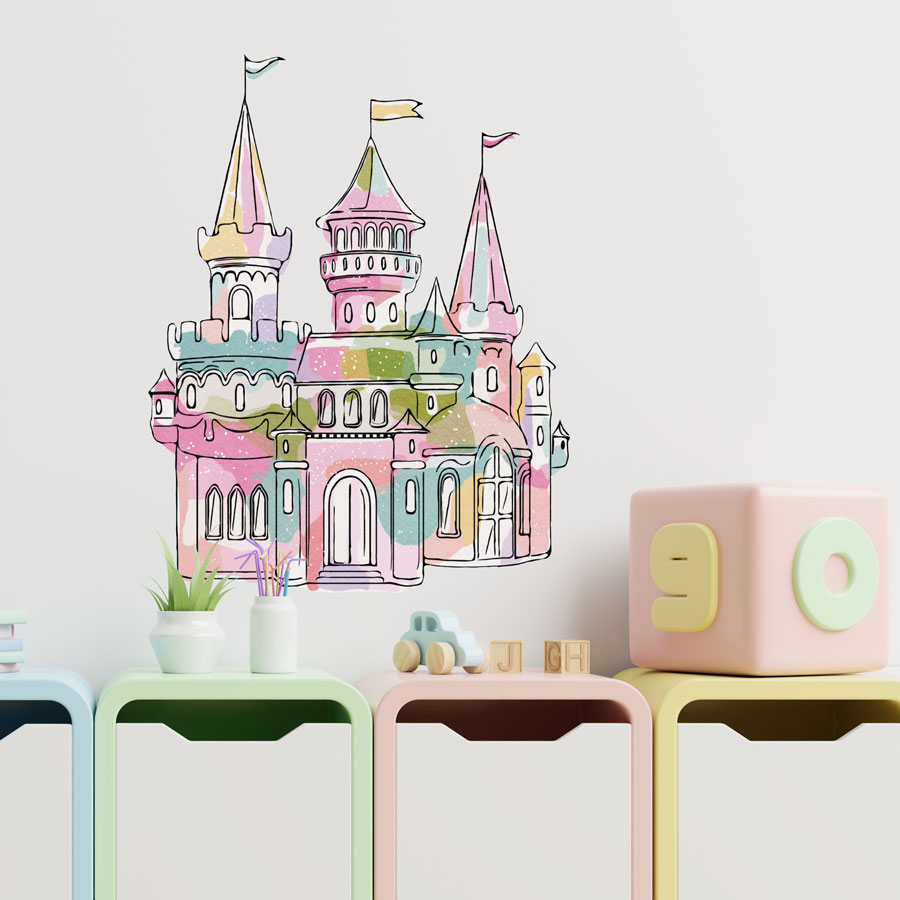 watercolour fairy castle wall sticker, stickers shown on a white background