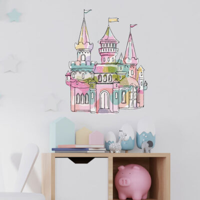 watercolour fairy castle wall sticker, stickers shown on a white background