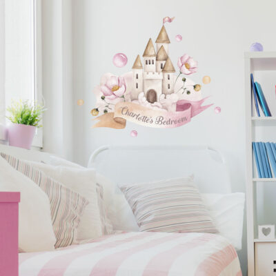 personalised pink fairy castle wall sticker, stickers shown on a white background