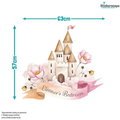 personalised pink fairy castle wall sticker, stickers shown on a white background