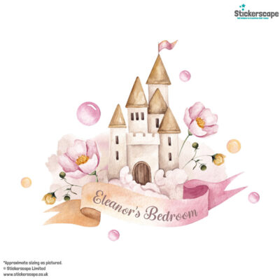 personalised pink fairy castle wall sticker, stickers shown on a white background