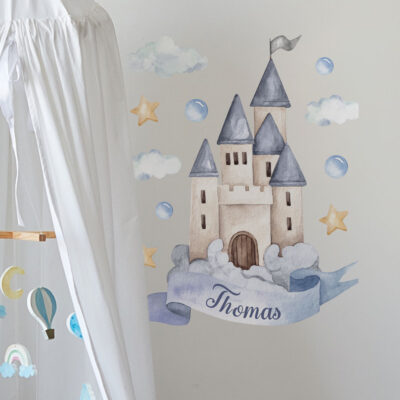 personalised blue fairy castle wall sticker, stickers shown on a white background