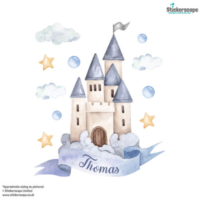 personalised blue fairy castle wall sticker, stickers shown on a white background